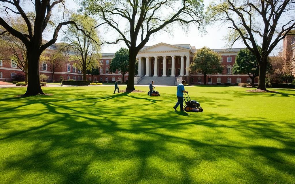 Grounds crew mowing a landscaped institutional lawn