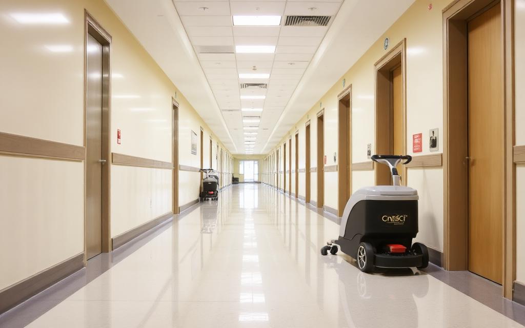 Polished corridor in an office building with custodial floor equipment