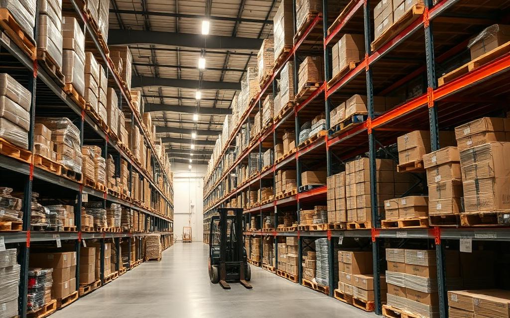 Warehouse shelving with palletized supplies