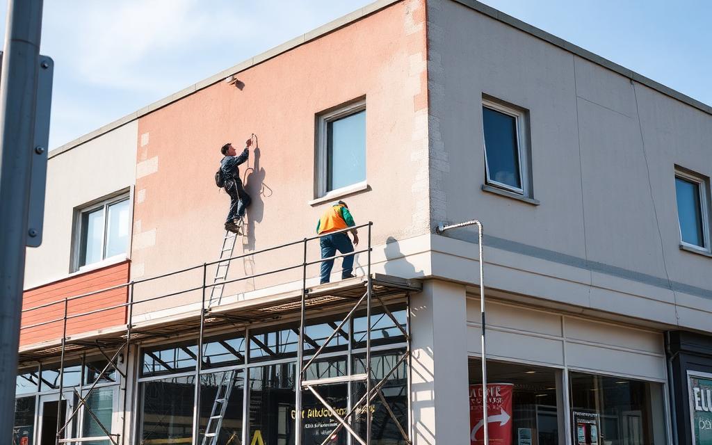 Trade crew painting the exterior of a commercial building