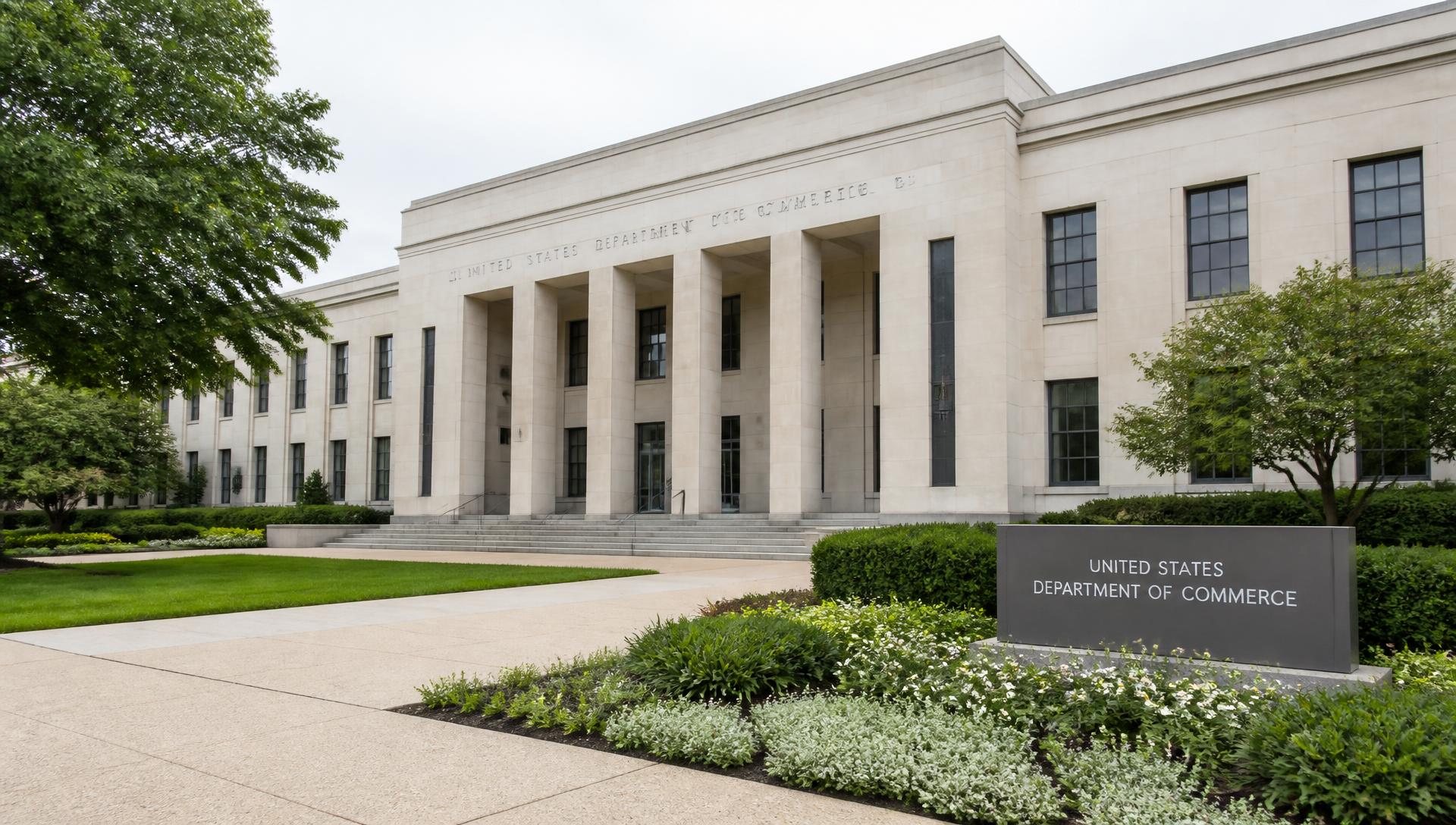 Federal institutional building exterior with landscaped grounds